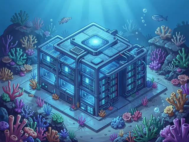 Isometric illustration of a glowing underwater AI data center surrounded by coral and small fish in sunlit blue ocean water
