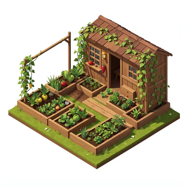 Isometric 3D illustration of a backyard vegetable garden with raised beds, wooden shed, and climbing bean vines