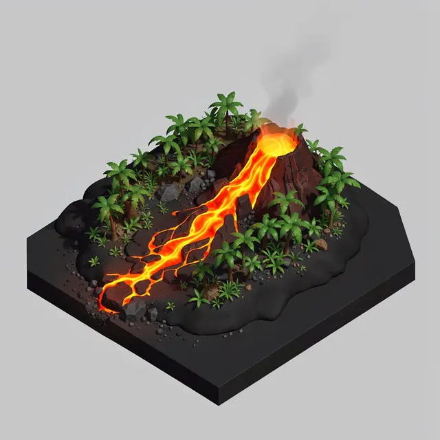Isometric 3D diorama of a volcanic island with glowing lava, black sand, and green palm jungle