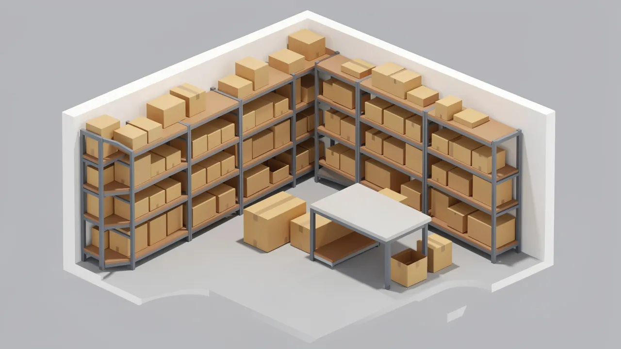 Isometric 3D view of a small shipping room with shelving, cardboard boxes and a packing table