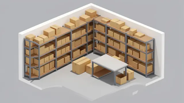 Isometric 3D view of a small shipping room with shelving, cardboard boxes and a packing table