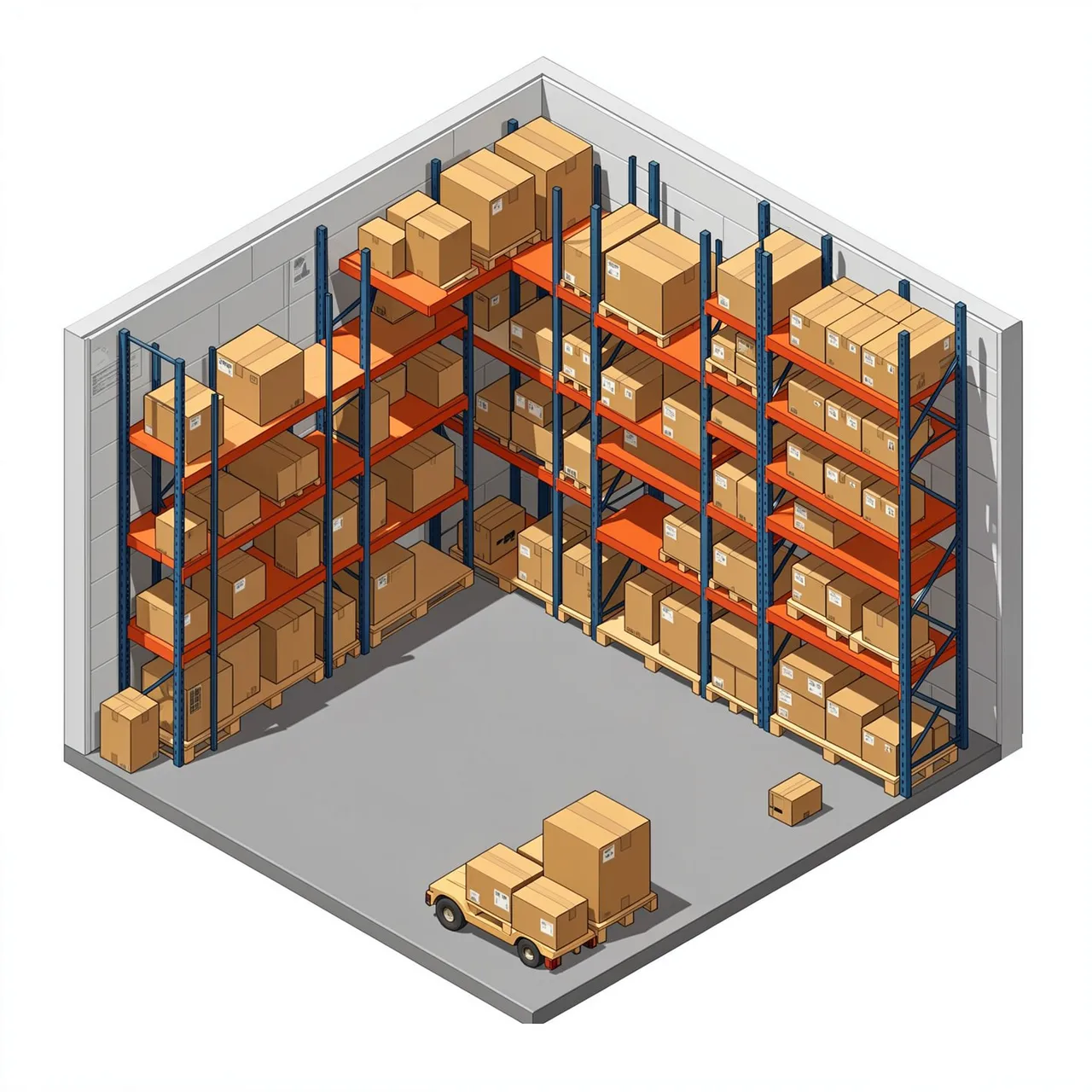 Isometric view of a stocked warehouse interior with shelving, cardboard boxes, and a small pallet truck.