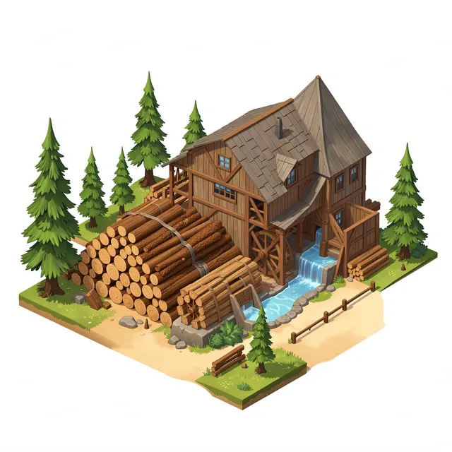 Isometric 3D illustration of a wooden lumber mill with log piles, a water wheel, and surrounding pine trees.