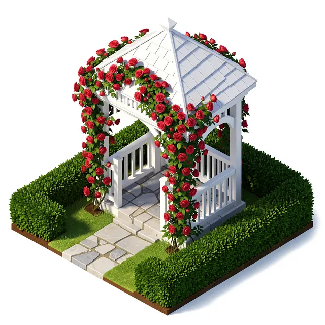 3D isometric illustration of a white gazebo draped in red climbing roses with stone path and boxwood hedges