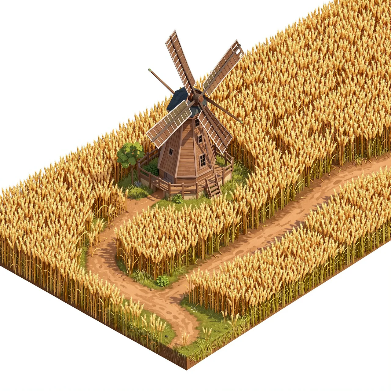Isometric 3D illustration of a wooden windmill beside golden wheat fields with winding dirt paths