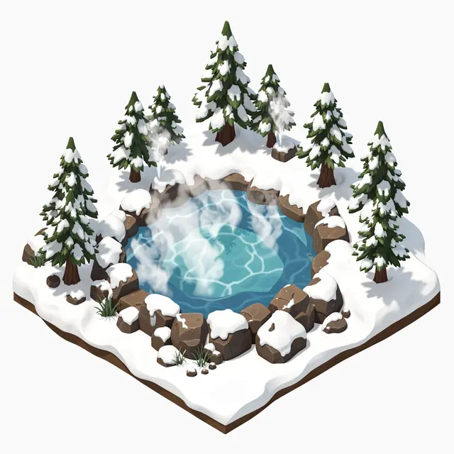 Isometric 3D scene of a steaming hot spring pool surrounded by snow covered rocks and pine trees