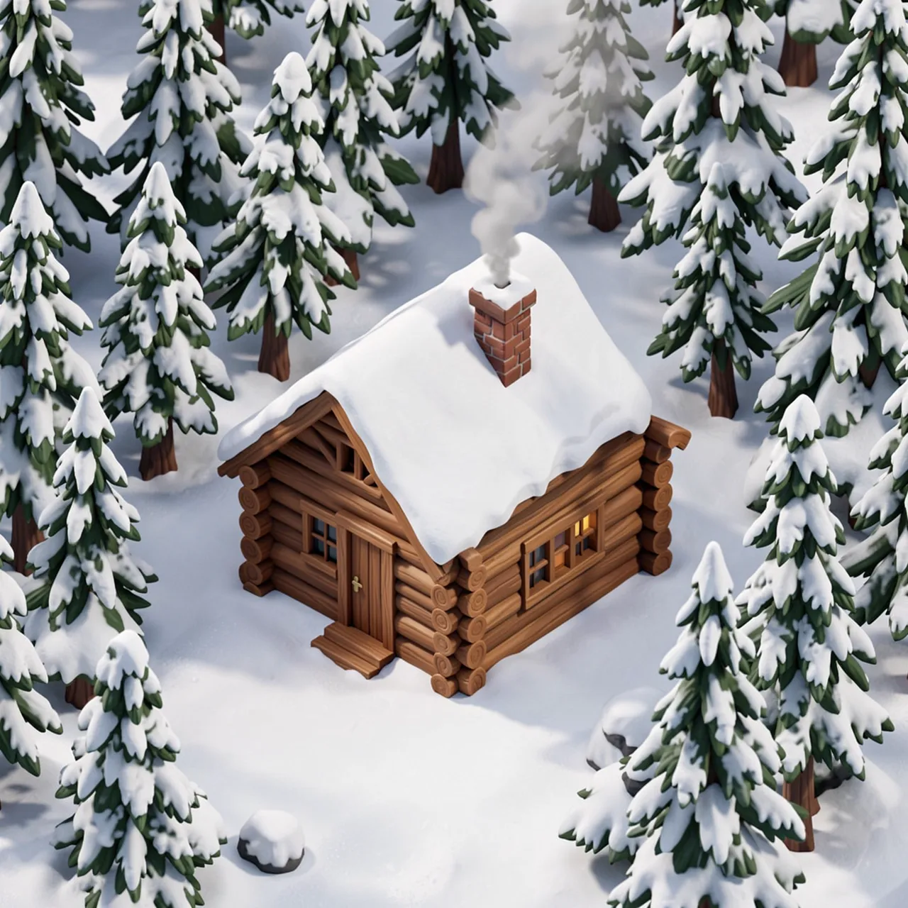 Isometric 3D view of a tiny snow-covered log cabin with rising smoke, set in a snowy pine forest