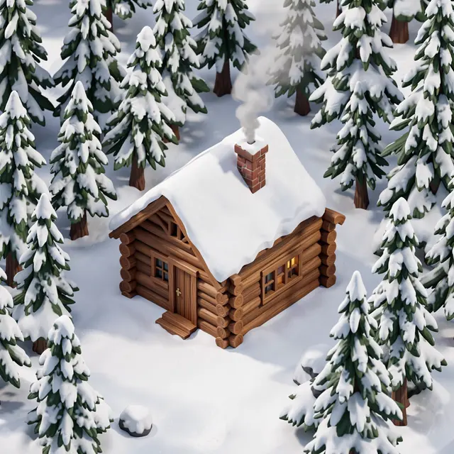 Isometric 3D view of a tiny snow-covered log cabin with rising smoke, set in a snowy pine forest