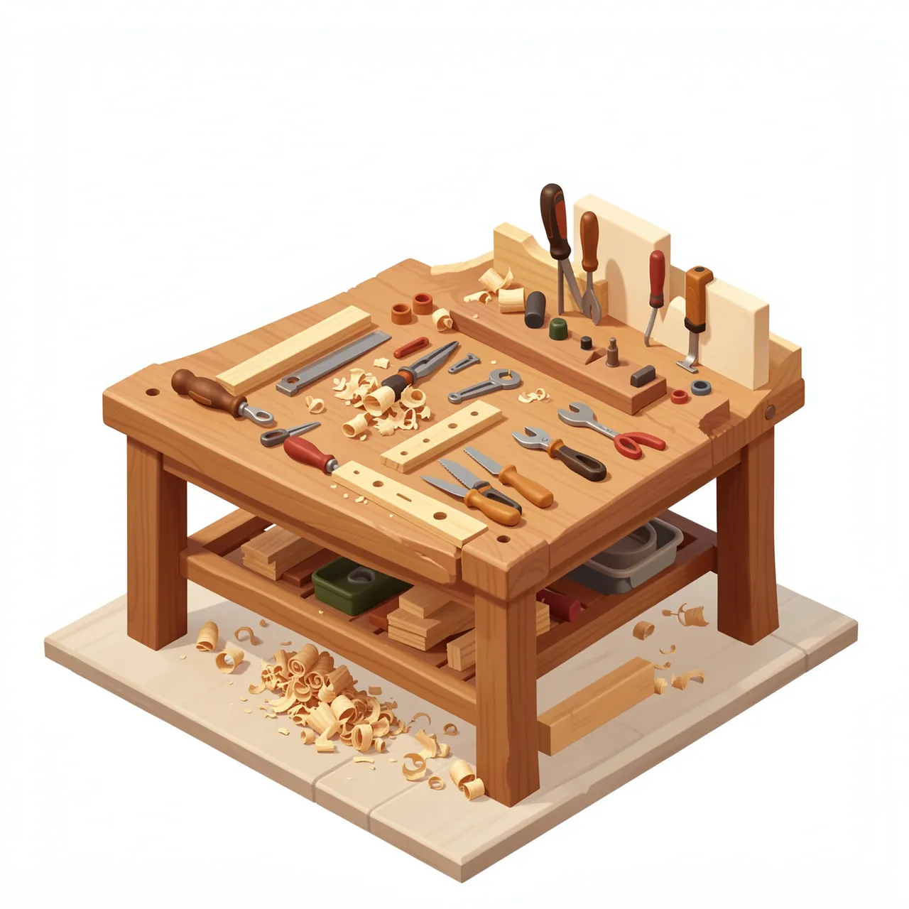 Isometric 3D illustration of a woodworking workbench scattered with hand tools, wood pieces and curled wood shavings
