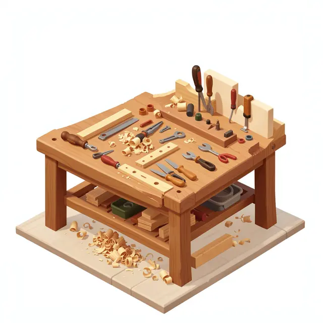 Isometric 3D illustration of a woodworking workbench scattered with hand tools, wood pieces and curled wood shavings