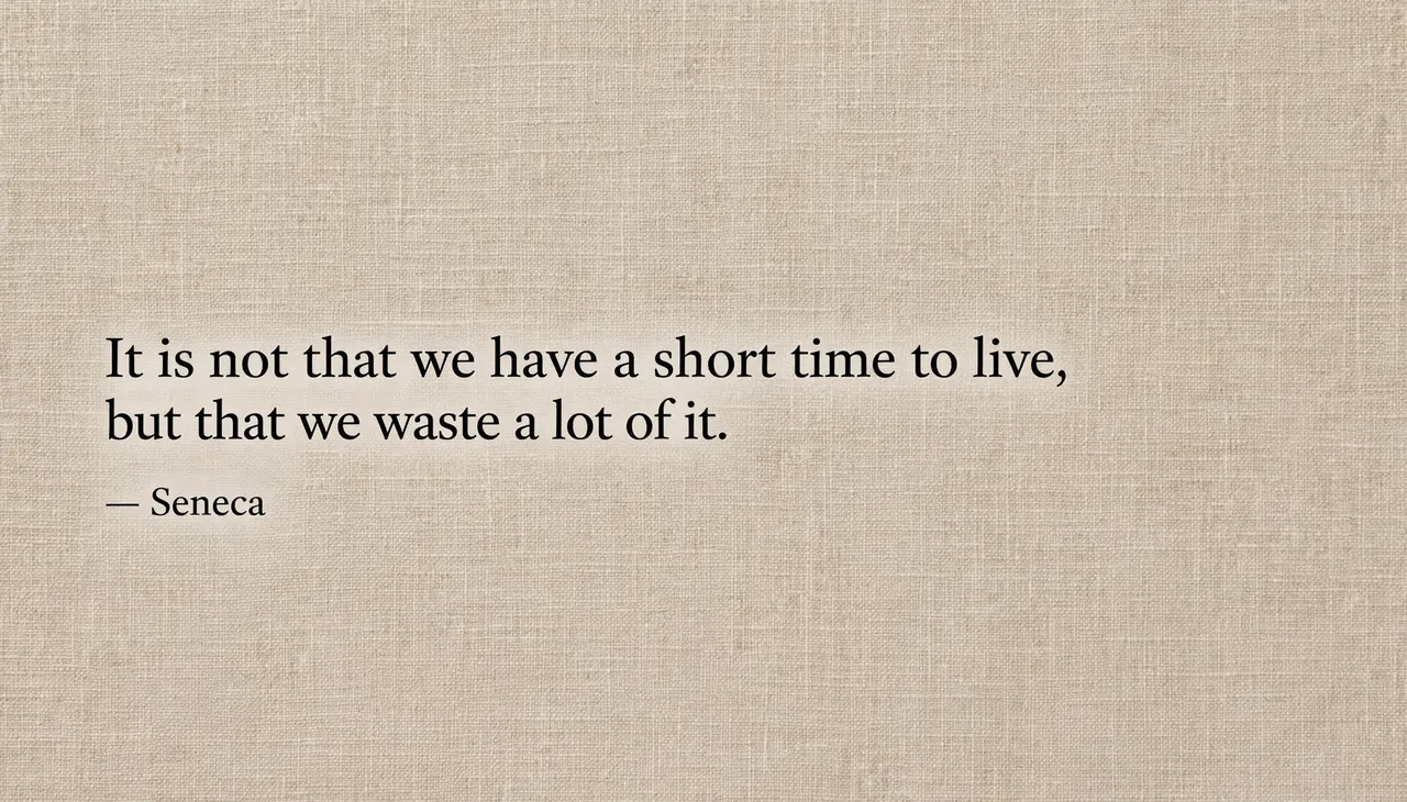 Black serif quote text on a warm beige linen textured desktop wallpaper reading "It is not that we have a short time to