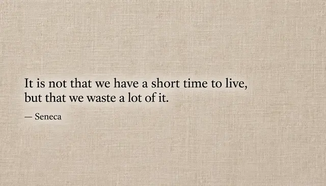 Black serif quote text on a warm beige linen textured desktop wallpaper reading "It is not that we have a short time to