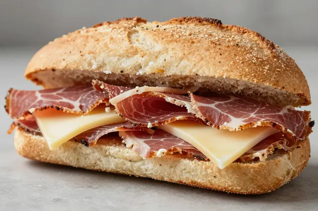 A crusty rustic bread sandwich stacked with marbled cured meat and provolone cheese sits on a light gray surface