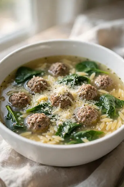 Bowl of Italian wedding soup with meatballs, orzo, spinach, and parmesan sits in soft window light