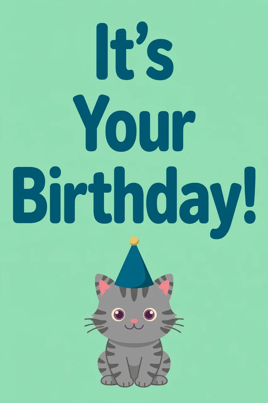 Text reading 'It's Your Birthday!' sits above a gray tabby cat wearing a party hat on a mint green background
