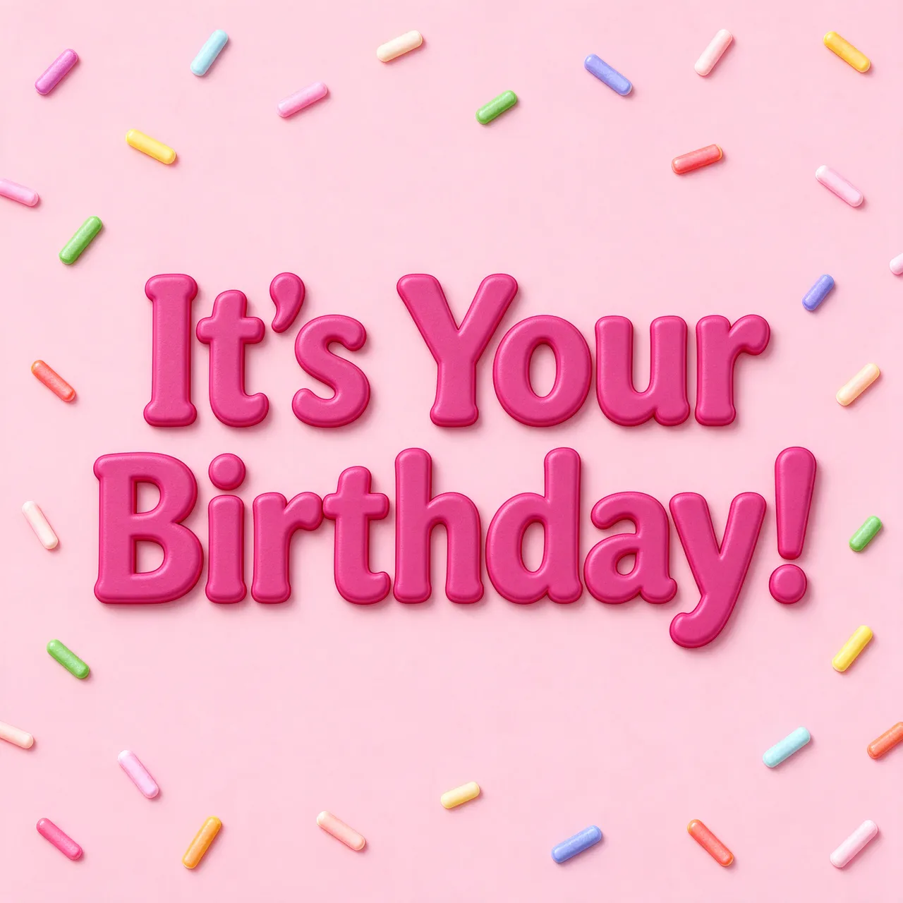 The text "It's Your Birthday!" in chunky magenta 3D type sits on a pastel pink background scattered with rainbow sprinkles.