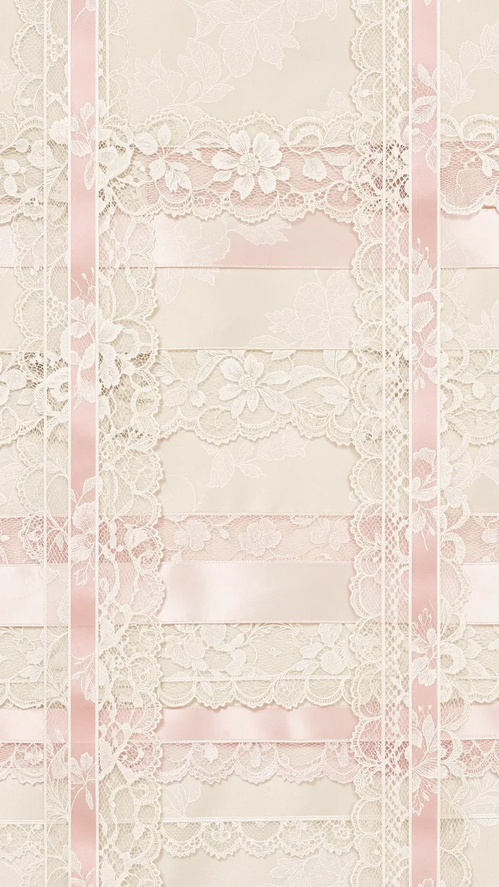 Layered vertical coquette wallpaper with ivory lace trim and soft blush satin ribbon details