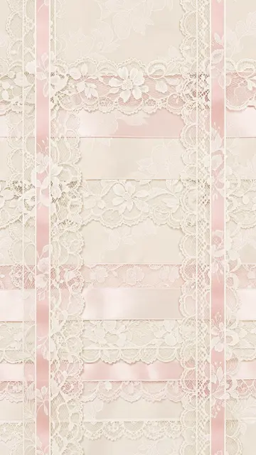 Layered vertical coquette wallpaper with ivory lace trim and soft blush satin ribbon details