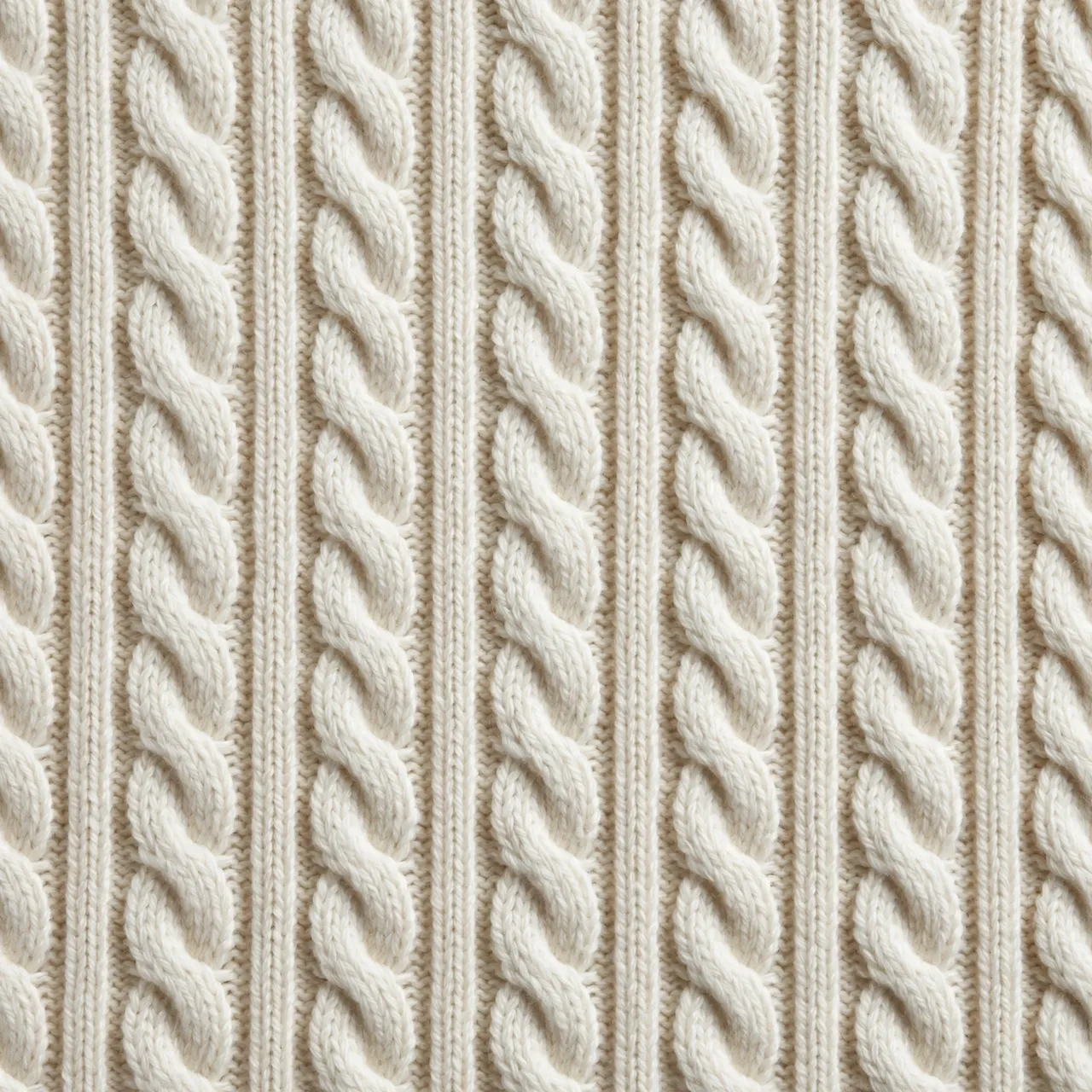 Full frame close-up of an ivory cable knit wool fabric with raised braided columns