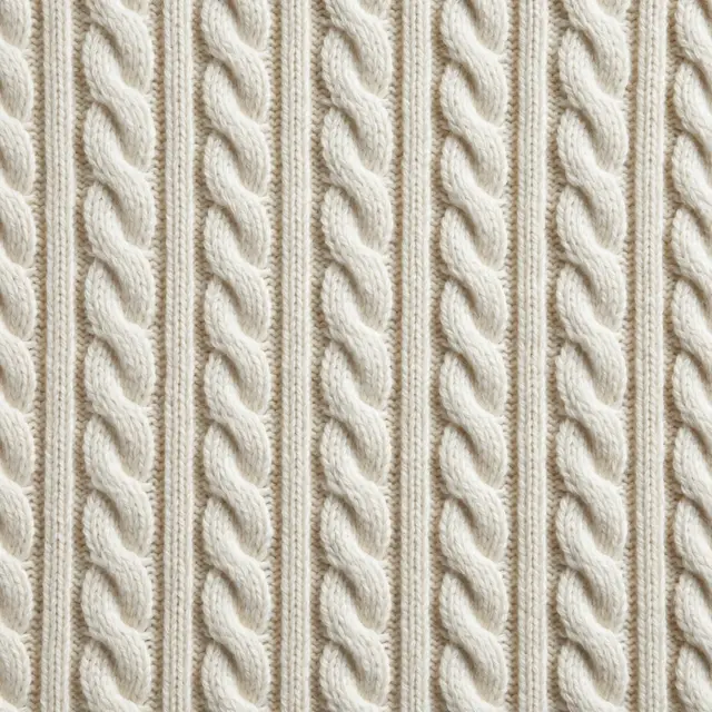 Full frame close-up of an ivory cable knit wool fabric with raised braided columns