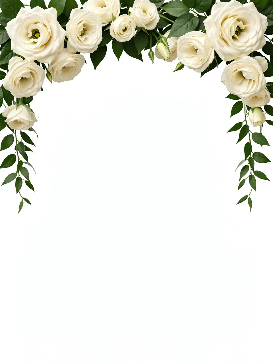 A top edge border of ivory lisianthus flowers and trailing green vine leaves sits over a plain white empty background.