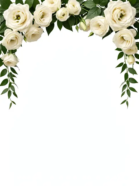 A top edge border of ivory lisianthus flowers and trailing green vine leaves sits over a plain white empty background.