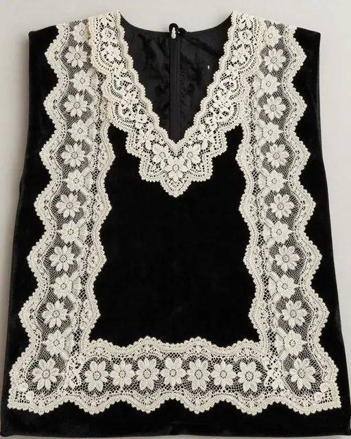 Sleeveless black velvet garment trimmed with intricate scalloped ivory floral lace laid flat for display
