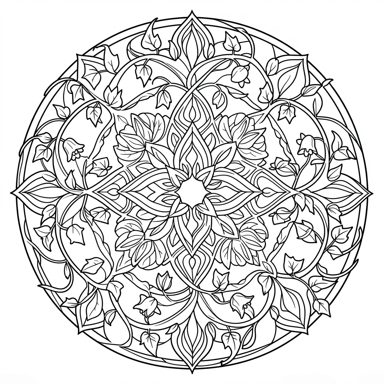 Black and white round line art mandala with trailing ivy leaves and bellflower details on a plain white background