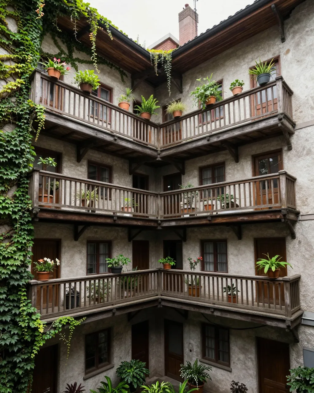 Inner courtyard of an old plaster apartment block with wooden balconies, climbing ivy and potted plants.
