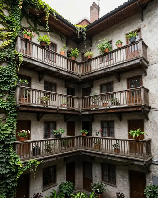 Inner courtyard of an old plaster apartment block with wooden balconies, climbing ivy and potted plants.