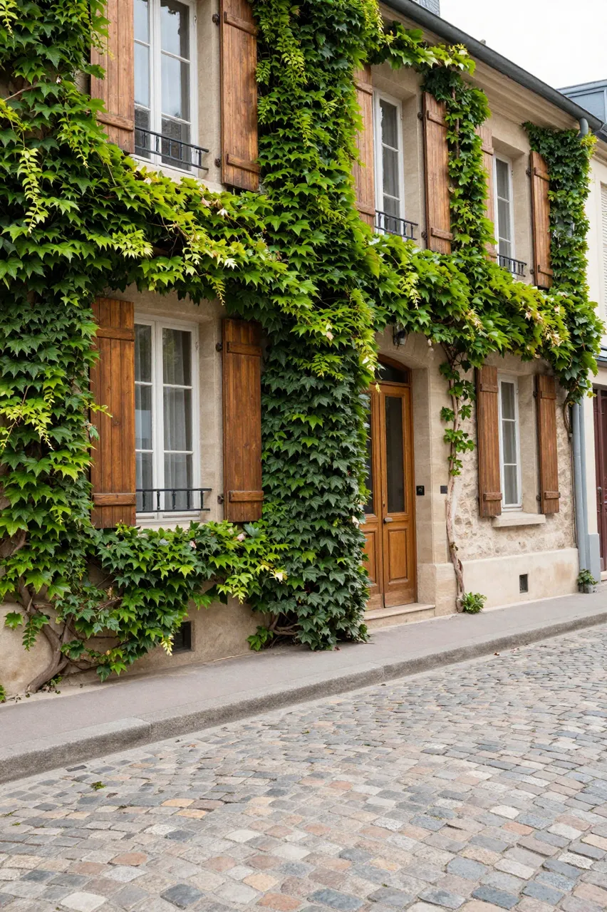 A stone Parisian row house draped in green ivy with wooden shutters overlooks a cobblestone lane