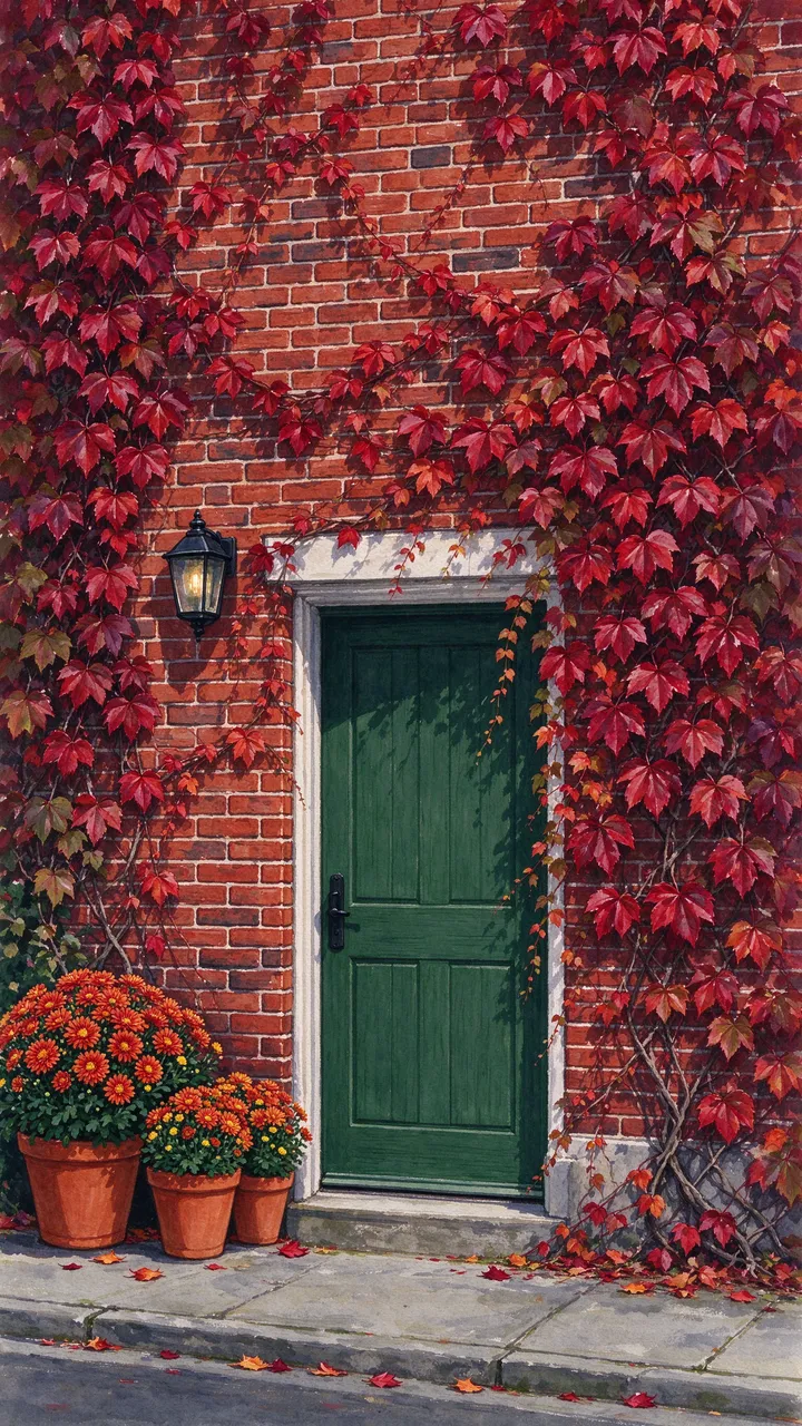 Red brick townhouse with crimson ivy, green door, and potted orange mums at the entryway