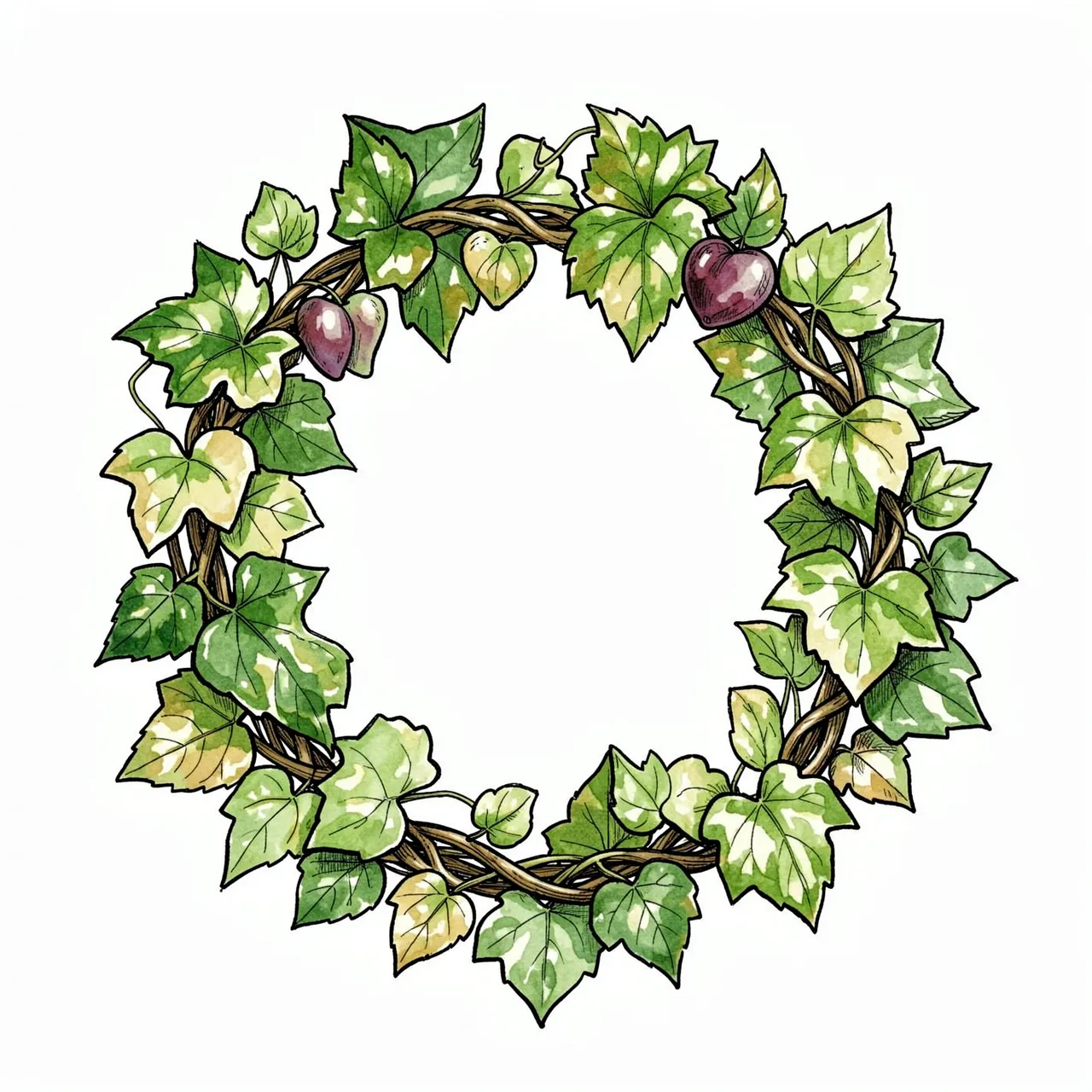 Pen and watercolor illustration of a circular ivy wreath with heart leaves and purple grape accents on a white background