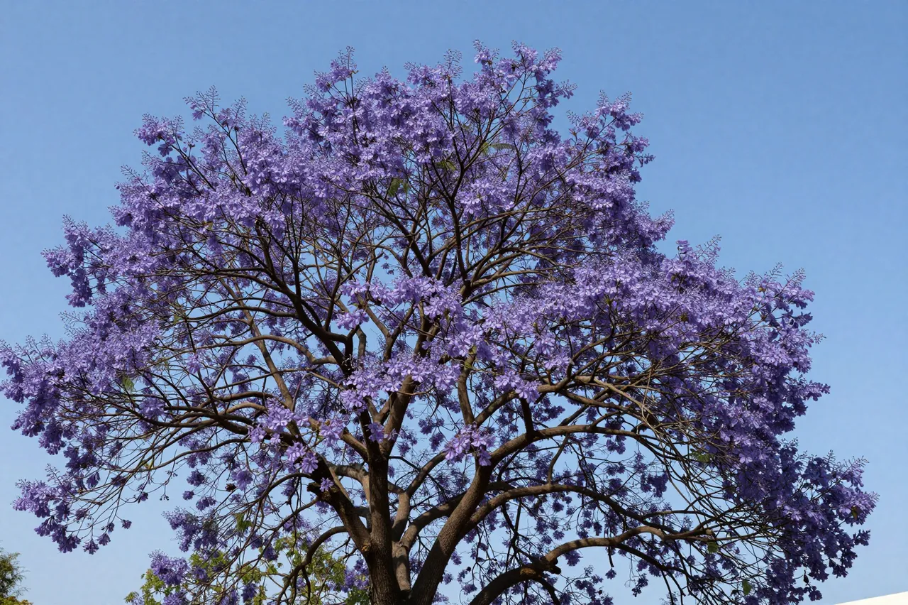 A jacaranda tree covered in dense purple flowers stands against a clear bright blue sky