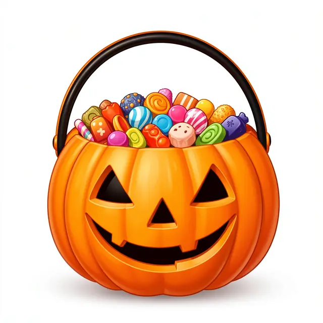 A cheerful jack-o'-lantern pumpkin bucket overflowing with assorted colorful Halloween candy against a plain white