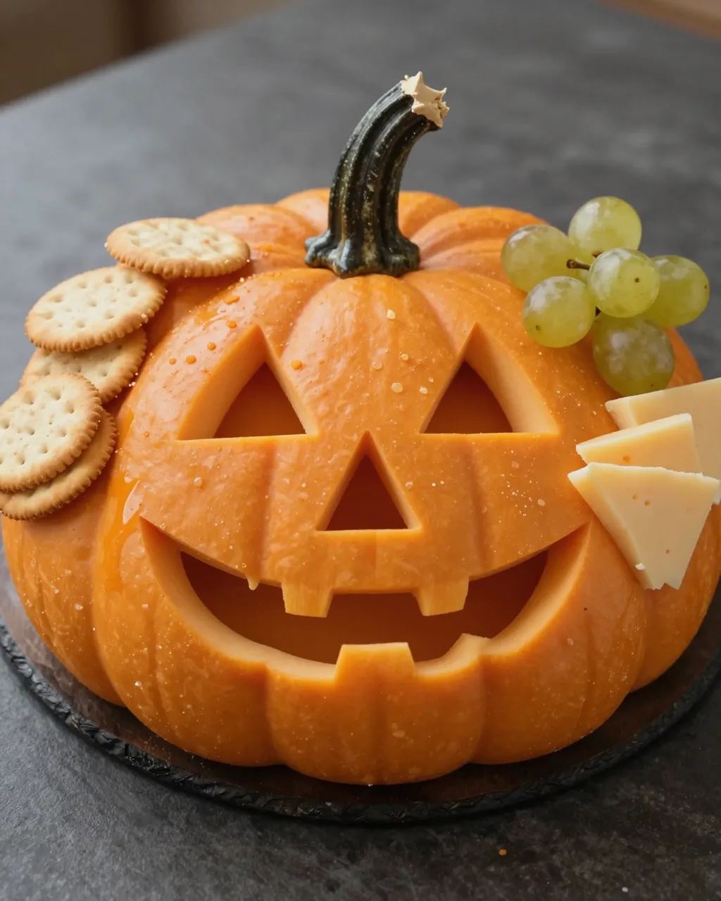 Pumpkin shaped Halloween cheese board with crackers, green grapes and cheddar slices on a dark slate plate.