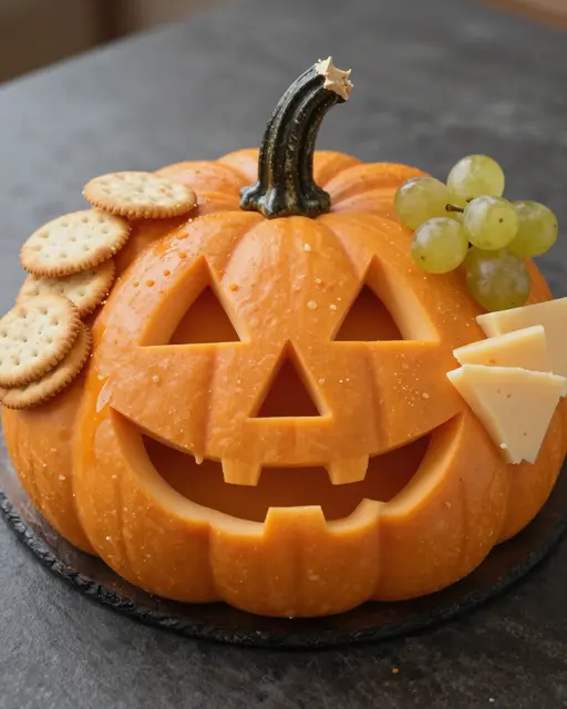 Pumpkin shaped Halloween cheese board with crackers, green grapes and cheddar slices on a dark slate plate.
