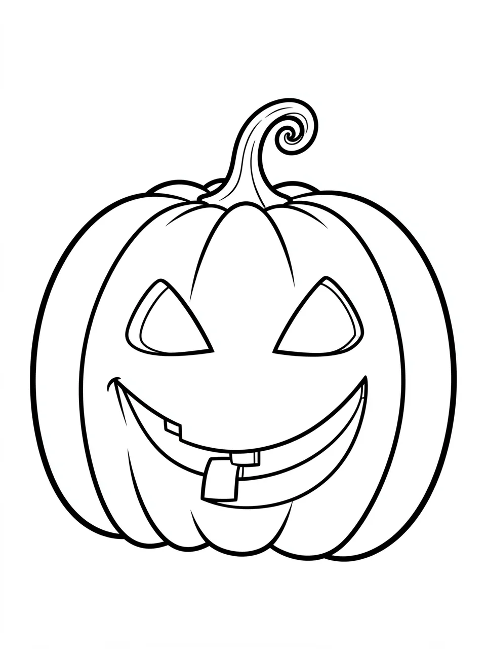 Bold black line art of a smiling curly-stemmed jack-o'-lantern on a plain white background