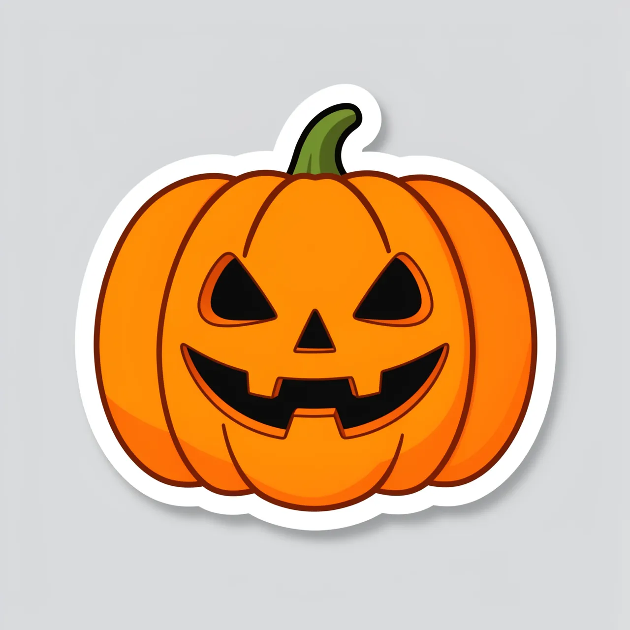 A flat cartoon jack-o'-lantern sticker with a thick white border sits on a plain light gray background