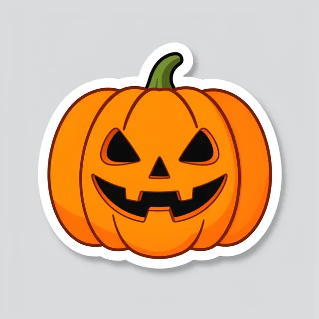 A flat cartoon jack-o'-lantern sticker with a thick white border sits on a plain light gray background