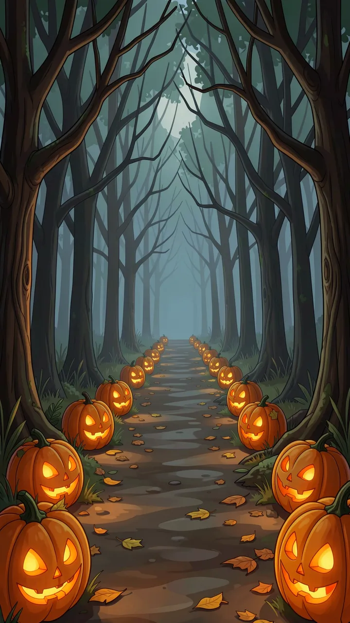 A misty dark forest path is lined with glowing carved jack-o'-lanterns under tall bare trees.