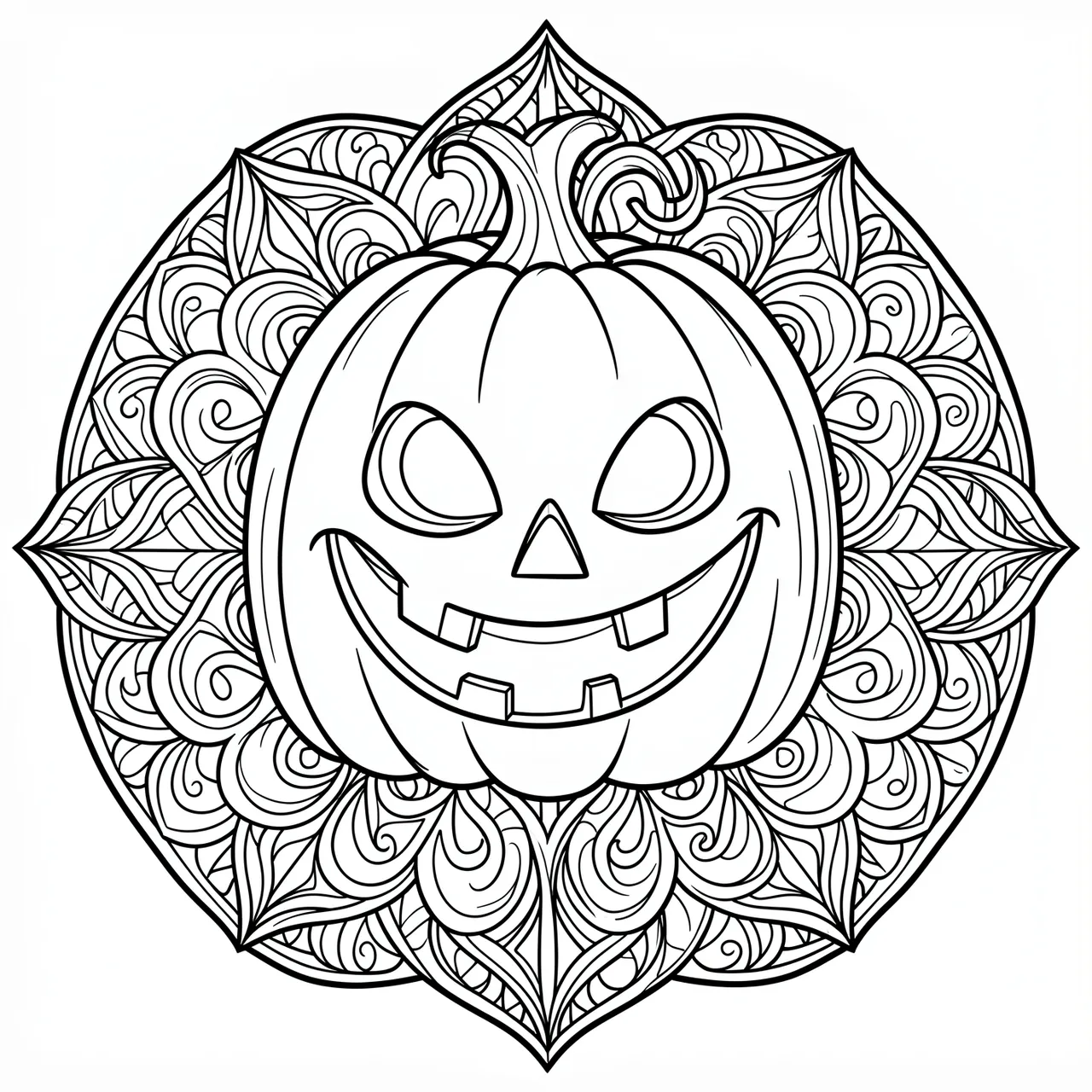 Black and white line art of a grinning jack-o'-lantern centered inside an intricate mandala pattern on a white background