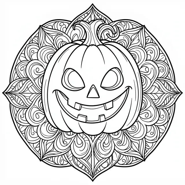 Black and white line art of a grinning jack-o'-lantern centered inside an intricate mandala pattern on a white background