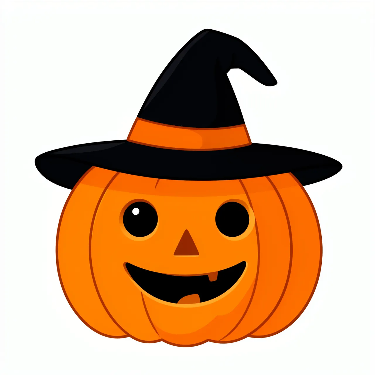 A cheerful carved orange jack-o'-lantern wearing a black witch hat on a plain white background
