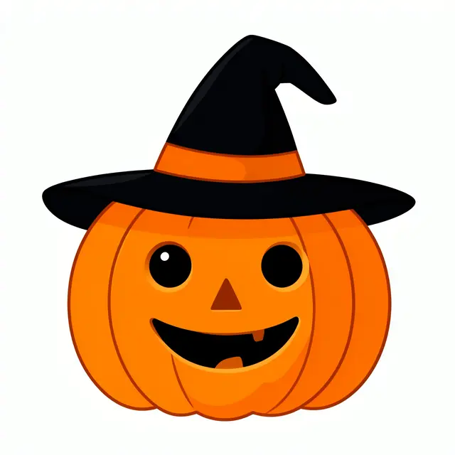 A cheerful carved orange jack-o'-lantern wearing a black witch hat on a plain white background