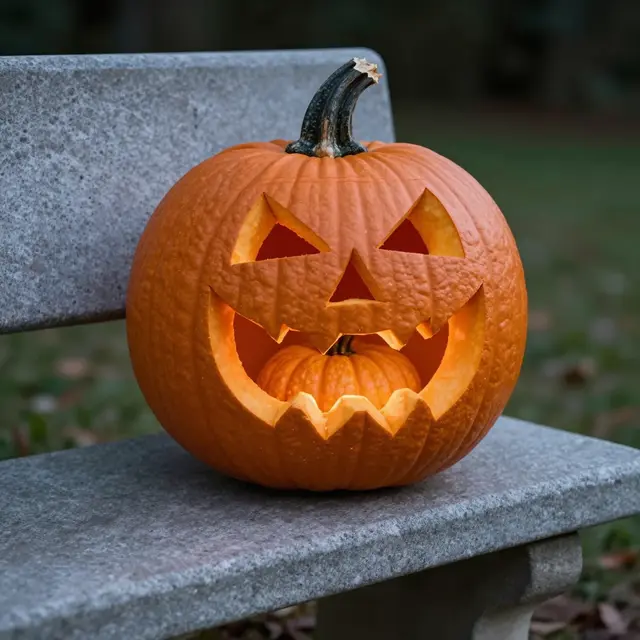 Carved jack-o'-lantern holding a small mini pumpkin inside its mouth, sitting on a gray stone park bench