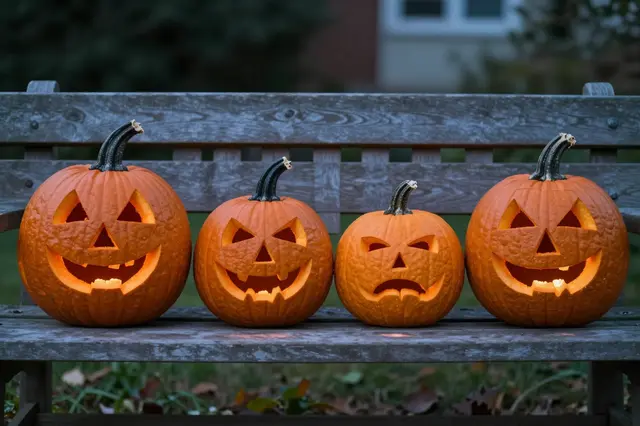 Four carved lit jack-o'-lanterns sit in a row on a weathered wooden bench at blue hour.