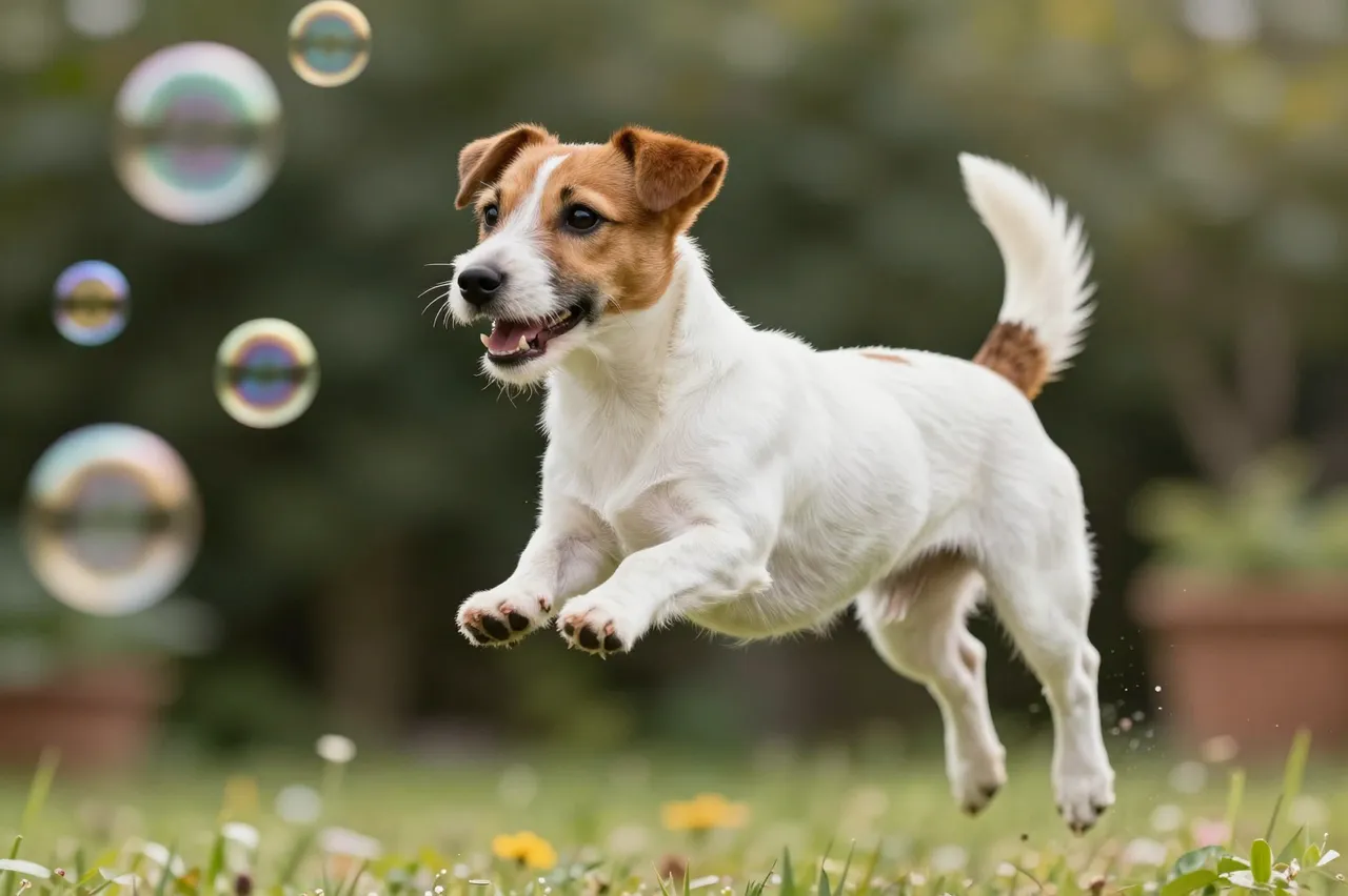 A white and tan Jack Russell Terrier leaps mid-air toward floating soap bubbles in a sunny garden lawn.