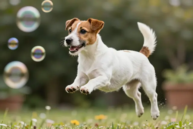 A white and tan Jack Russell Terrier leaps mid-air toward floating soap bubbles in a sunny garden lawn.
