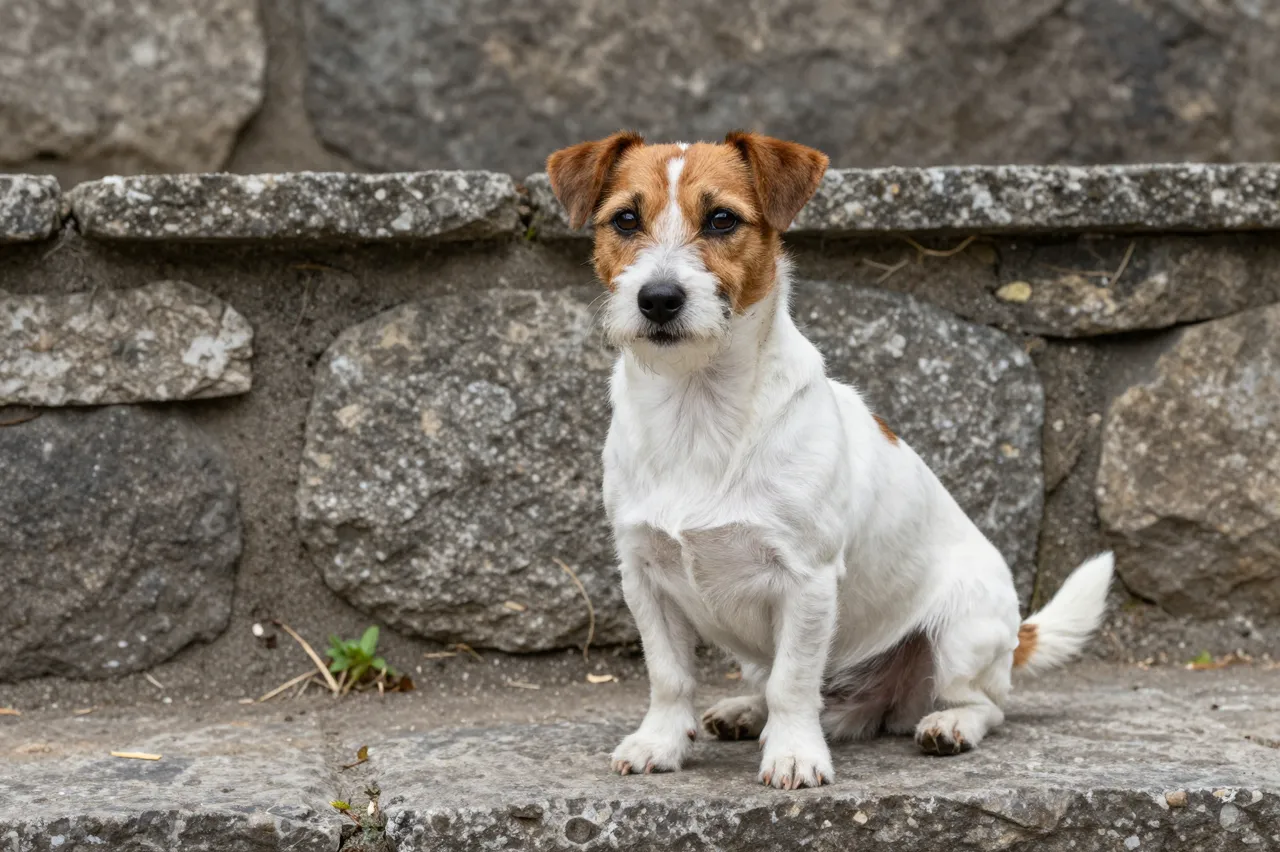 A white and brown jack russell terrier sits calmly on a weathered old stone ledge facing the camera.
